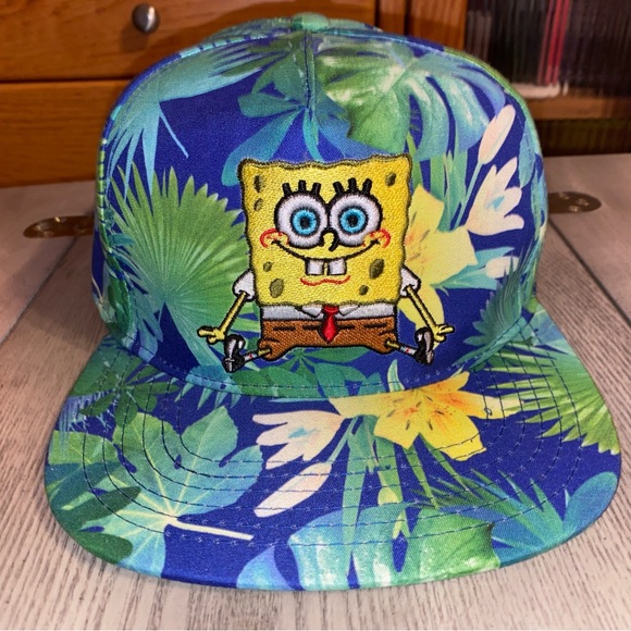 SpongeBob SquarePants Mens Snapback Flat-bill Hat Tropical Floral Pattern - Picture 1 of 6
